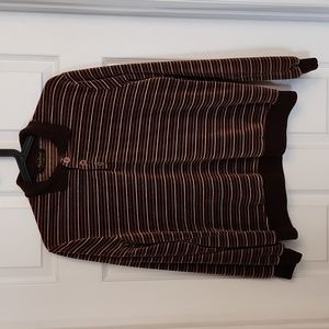 1980s Velour Long Sleeve Polo Shirt Brown w/ Horizontal Stripe / Men's Medium